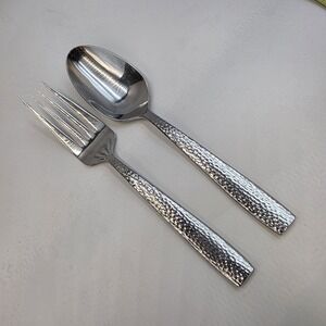 VTG ONEIDA Hammered Stainless Serving Spoon & Fork Set Mid‎ Century Modern
